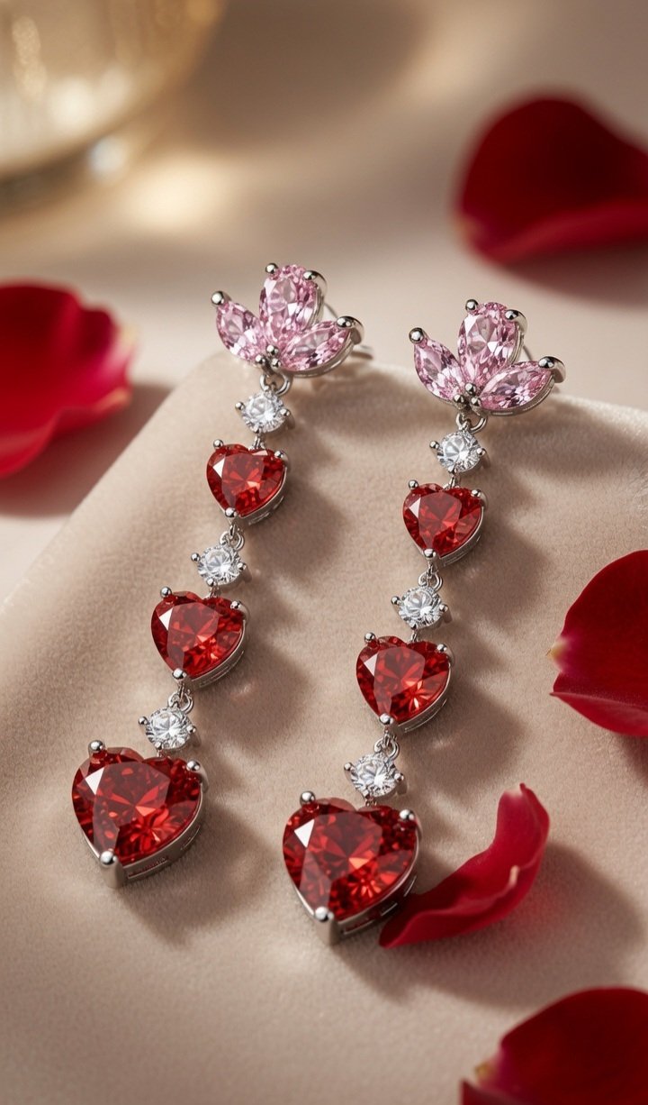 The Amara Pink Lotus And Ruby Red Heart Drop Earrings-Platinum Finish