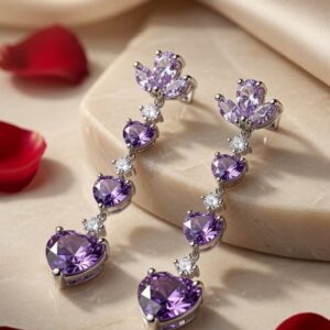 The Evadane Lavender Bloom And Amethyst Heart Drop Earrings-Platinum Finish