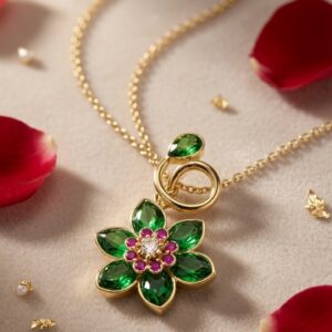 The Florence Emerald Green And Ruby Floral Pendant Chain-Gold Finish