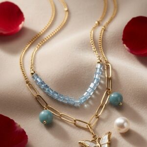 Mariposa Layered Aquamarine Paperclip Chain Butterfly Pendant Necklace-Gold Finish