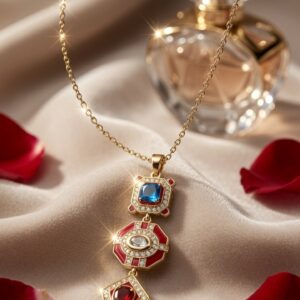 The Victoria Vintage Sapphire And Ruby Enamel Drop Necklace-Gold Finish