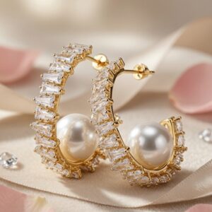 Aurelia Baguette Diamond-Style And South Sea Pearl C-Hoop-Gold Finish