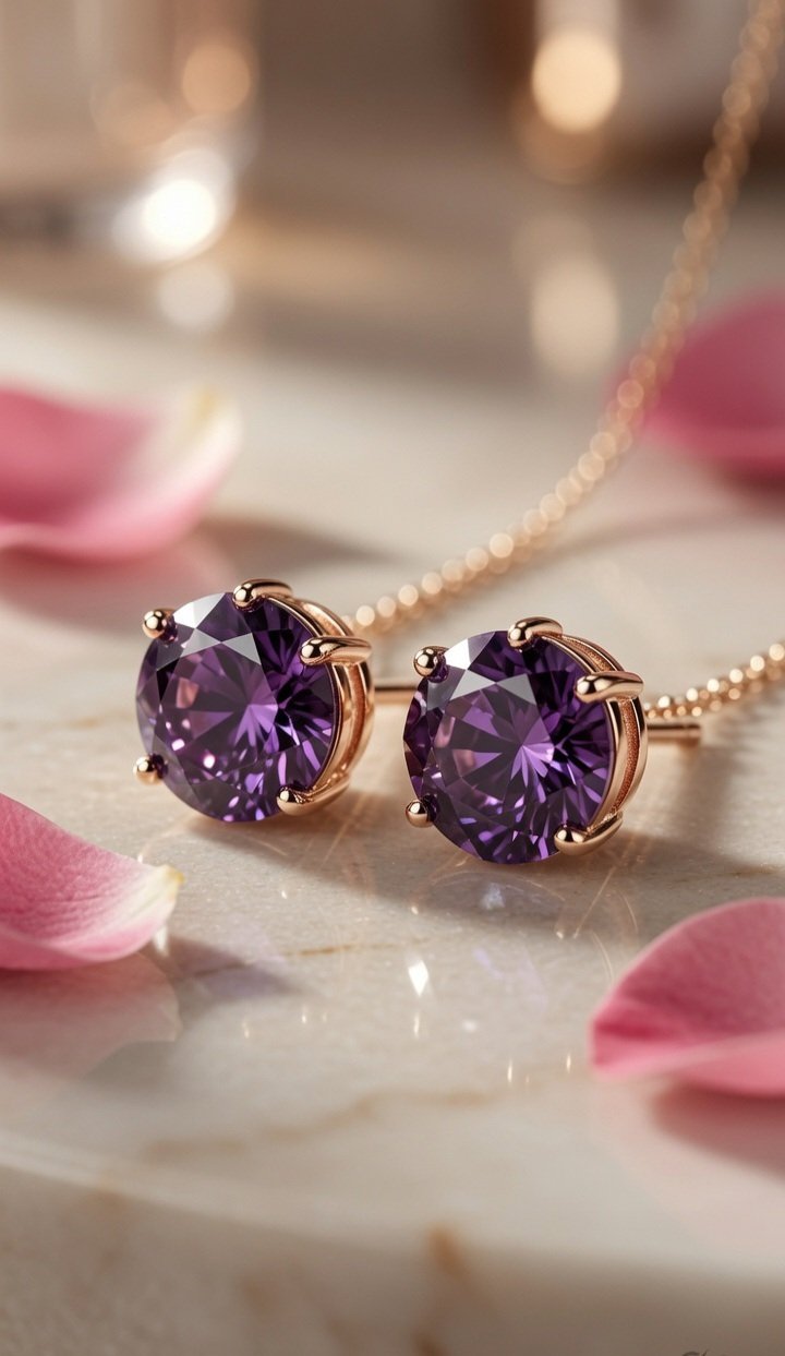 Purple Tanzanite Brilliant Amethyst Studs-Gold Finish