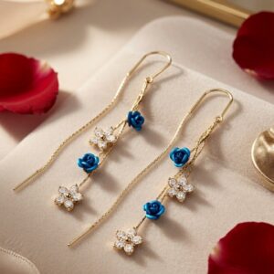 The Showstopper Sapphire Rose And blossom Sui Dhagga Earrings-Gold Finish