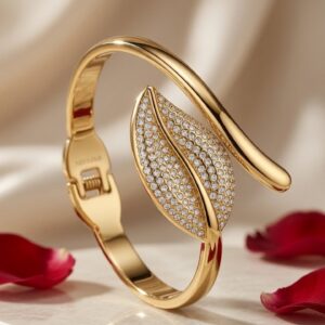 The Foliage Ethereal Bloom Pavè Leaf Kada Bracelet-Gold Finish