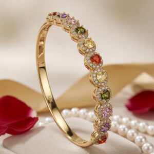 Spectrum Elegance Cushion-link Rainbow Kada Bracelet-Gold Finish