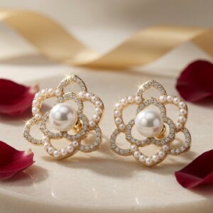 The Juliette Camellia Pearl Miniature Studs-Gold Finish
