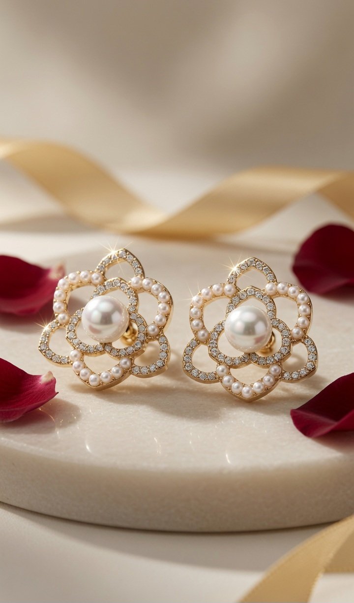 The Juliette Camellia Pearl Miniature Studs-Gold Finish
