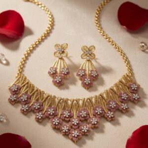 The Ethereal Rose Petal Bouquet Textured Bamboo Ruby Choker Set-Matte Finish