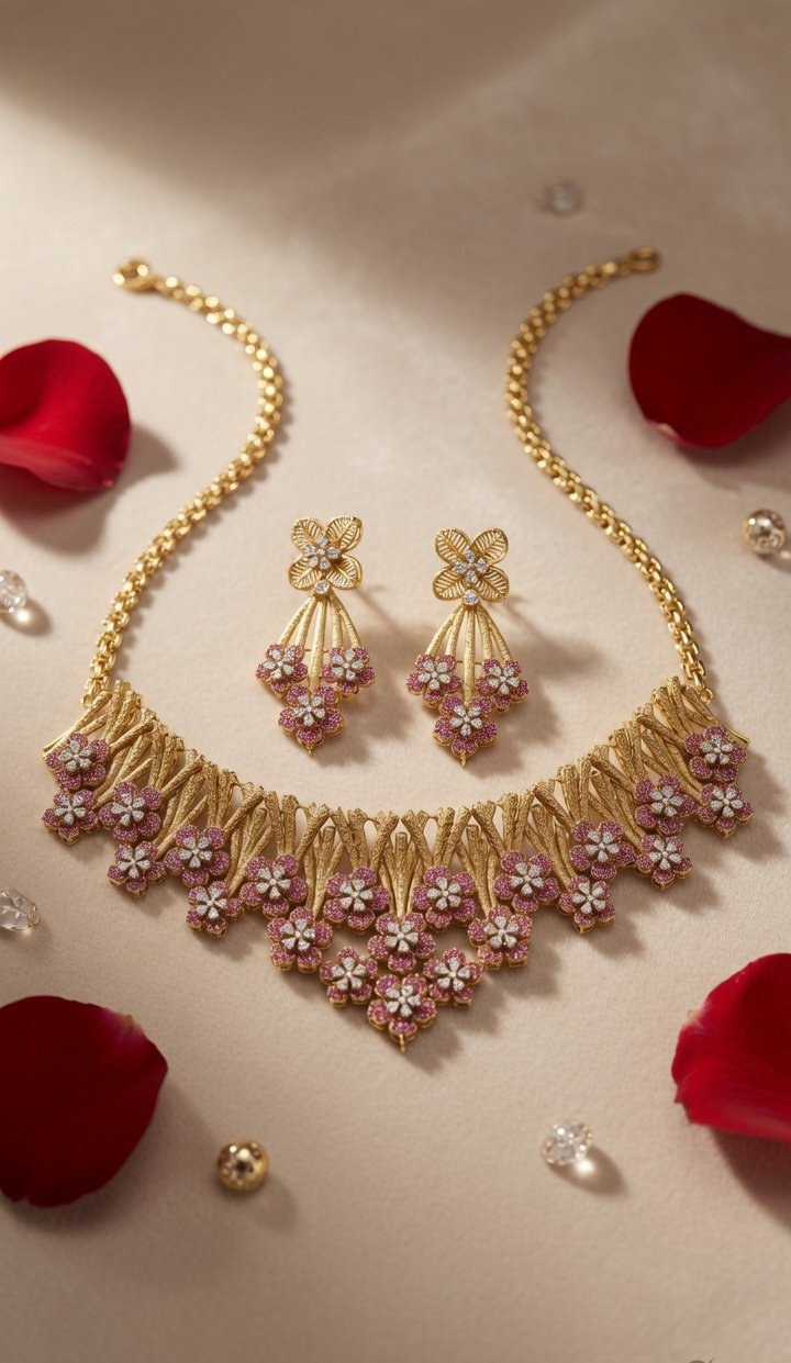 The Ethereal Rose Petal Bouquet Textured Bamboo Ruby Choker Set-Matte Finish