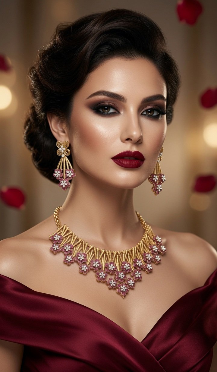The Ethereal Rose Petal Bouquet Textured Bamboo Ruby Choker Set-Matte Finish - Image 2