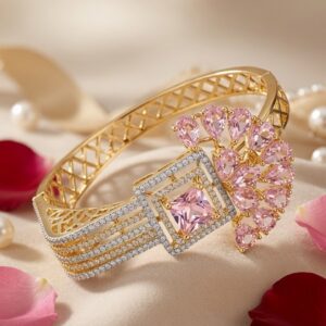 The Pink Sapphire Asymmetric Peacock Fan Kada Bracelet-Gold Finish