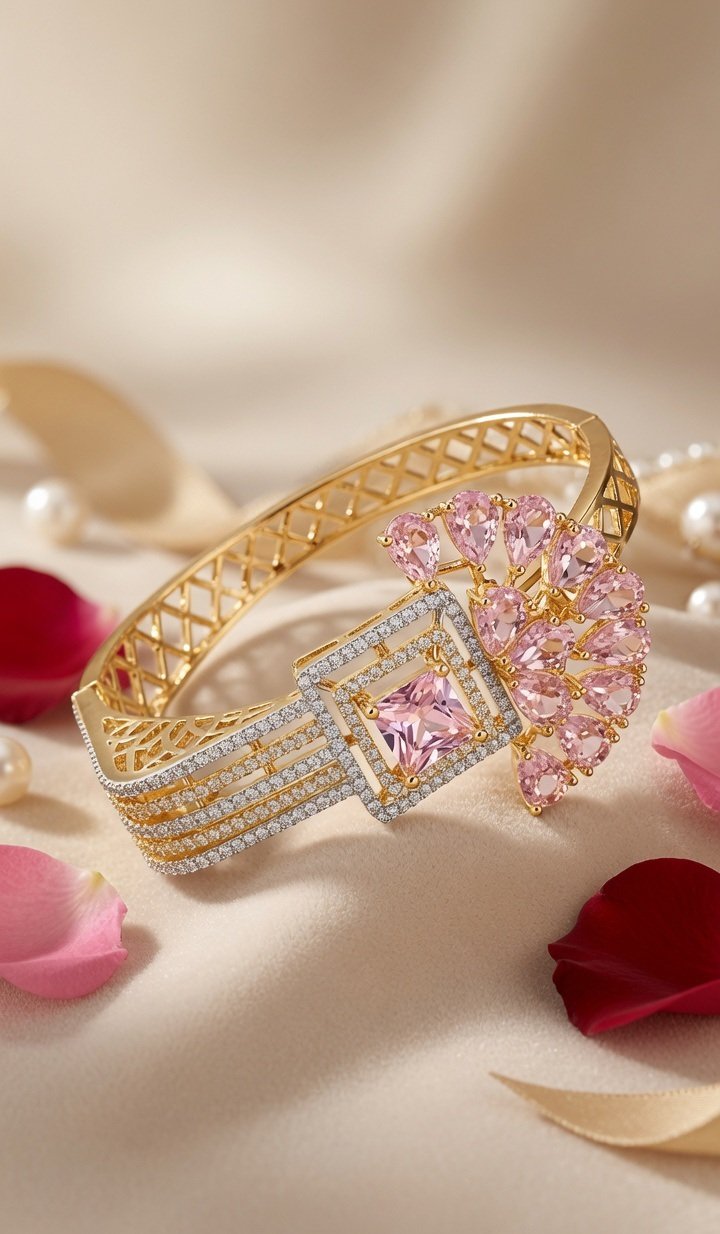The Pink Sapphire Asymmetric Peacock Fan Kada Bracelet-Gold Finish