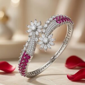 The Valentina Twin-Bloom Ruby Accent Kada Bracelet-Platinum Finish