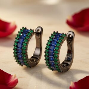 The Midnight Peacock Sapphire And Emerald Small Hoops-Black Rhodium Finish
