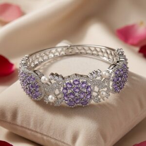 Violet Sovereign Pearl-Accent Gemstone Kada Bracelet-Platinum Finish