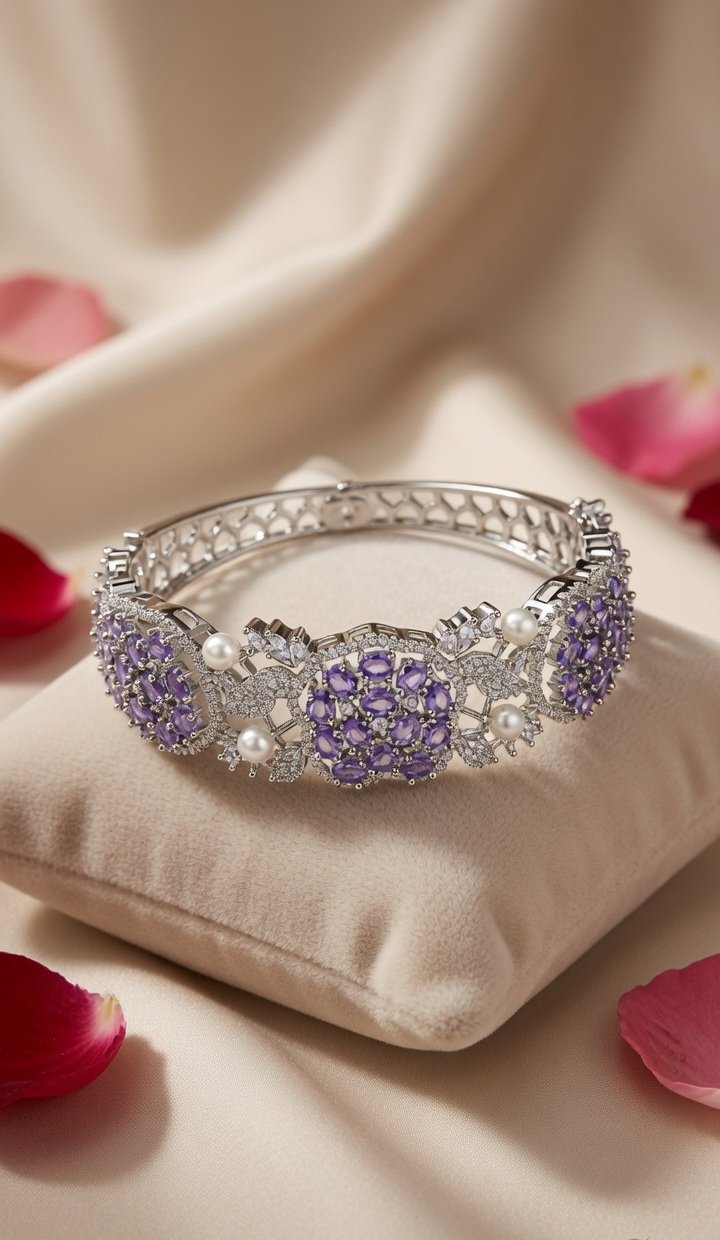 Violet Sovereign Pearl-Accent Gemstone Kada Bracelet-Platinum Finish