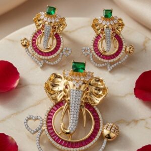 The Imperial Vinayaka Ruby And Emerald Pendant Set-Gold Finish