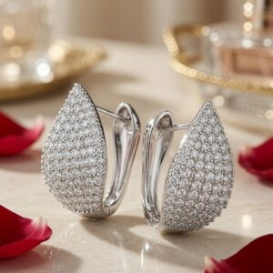 Imperial Diamond-Style Curved Pear-Sculpted Hoops-Platinum Finish