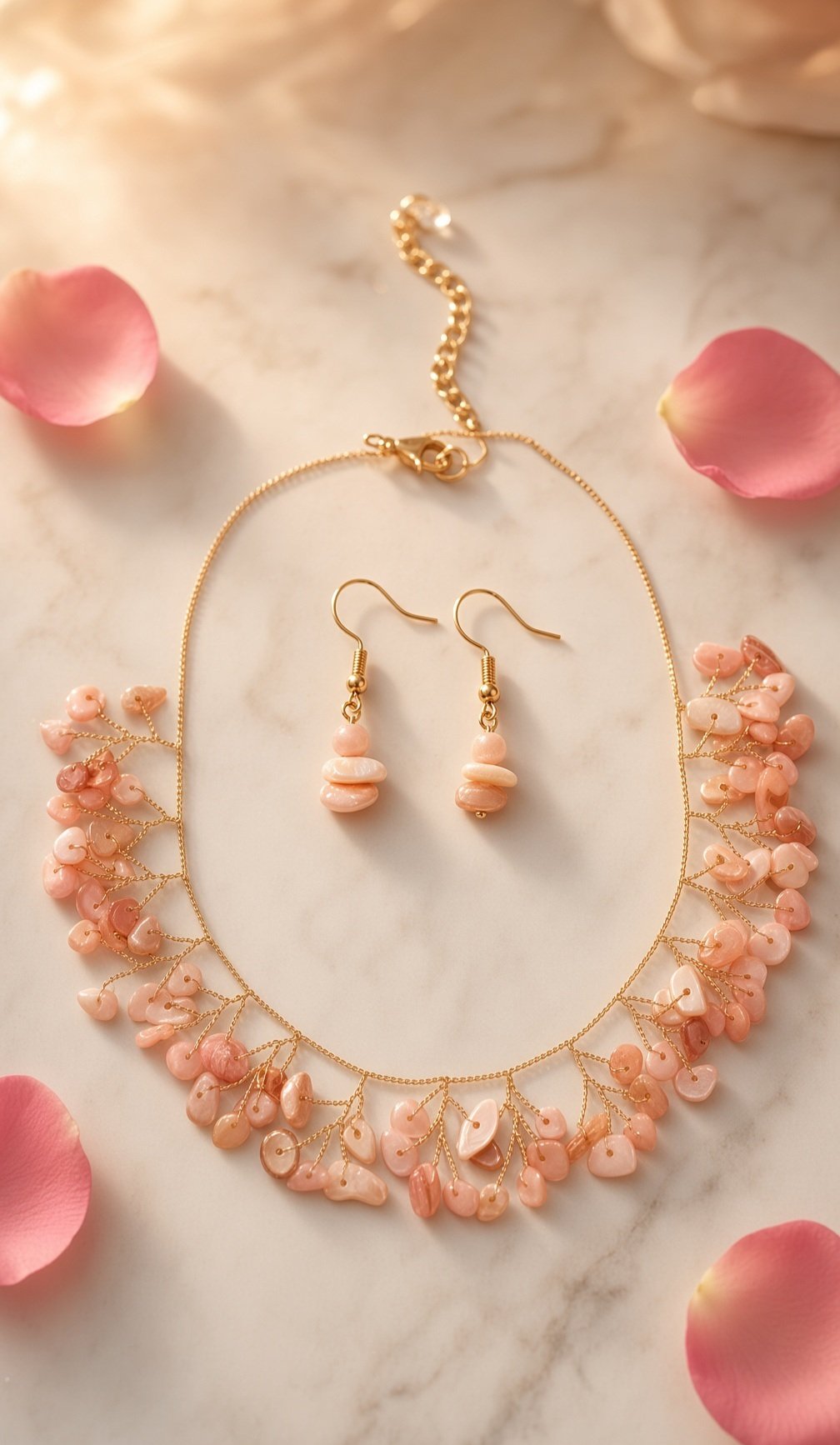 The Blushing Cloral Cluster Wire-Wrapped Branch Necklace Set-Gold Finish