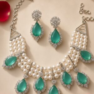 Majestic Seafoam Mint Green Cultured Pearl Strand Choker Set-Platinum Finish