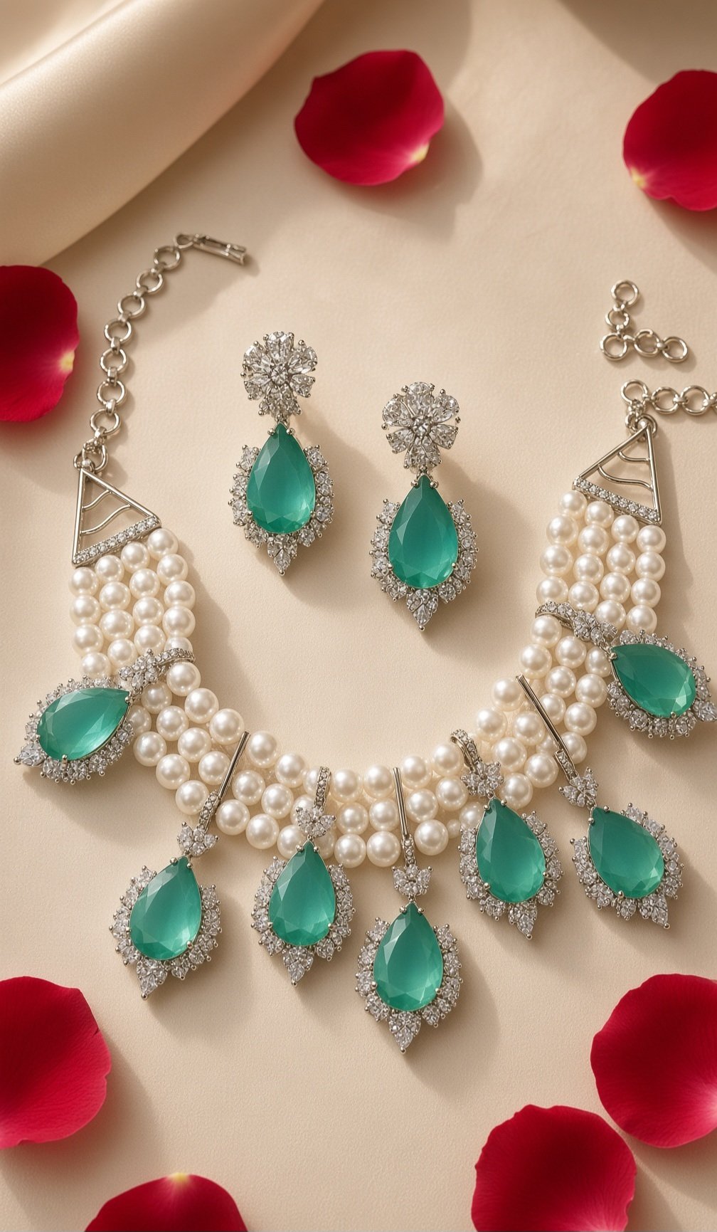 Majestic Seafoam Mint Green Cultured Pearl Strand Choker Set-Platinum Finish
