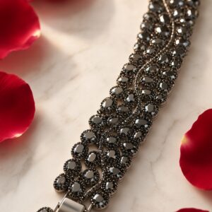 The Wave Royal Statement Strap Black Lattice Bracelet-Black Rhodium Finish