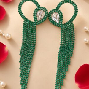 Emerald Loop And Baguette Cascade Ribbon Statement Earrings-Platinum Finish