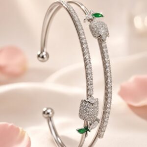 Enchanted Rosebud Pavè Diamond-Style Kada Bracelet-Platinum Finish
