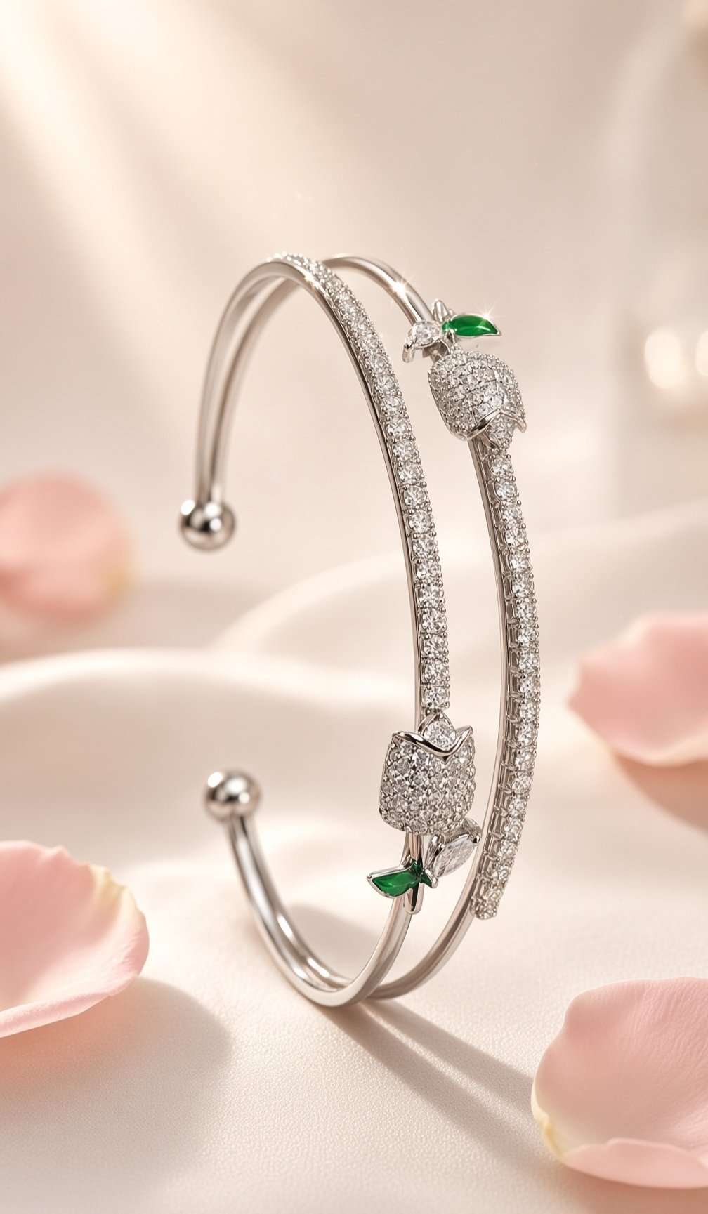 Enchanted Rosebud Pavè Diamond-Style Kada Bracelet-Platinum Finish