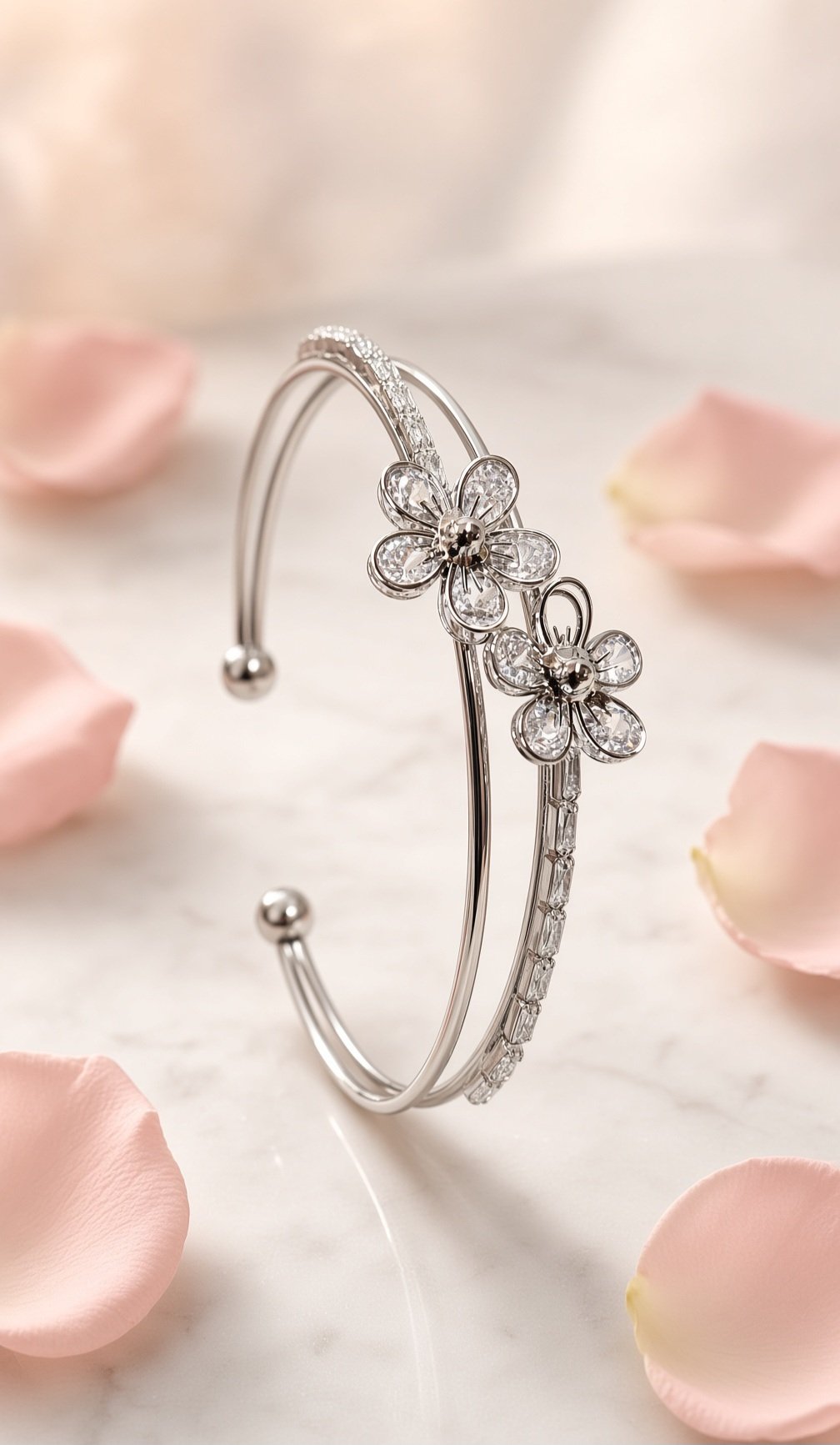The Fluer Blossom Magnolia Radiant Floral Bracelet-Platinum Finish