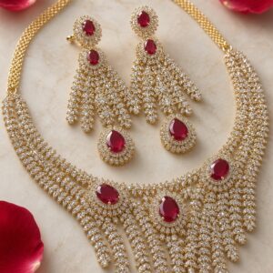 The Royal Heritage Monarch Ruby Teardrop Diamond Bib Necklace-Gold Finish