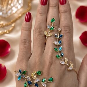 Flora Multi-Gemstone Leaf Branch Haathphool Bracelet-Gold Finish