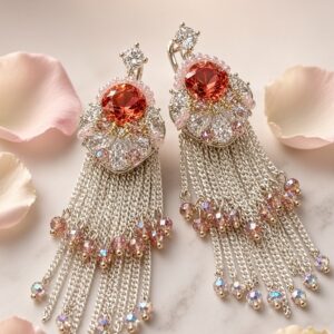 The Coral Sunset Morganite And Silver Chain Tassel Earrings-Platinum Finish