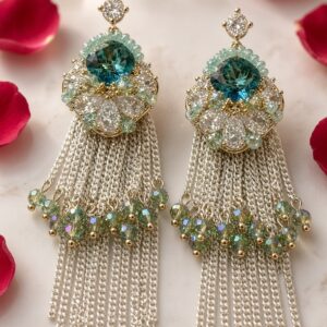 The Oceania Royalty Emerald And Teal Crystal Tassel Earrings-Gold Finish