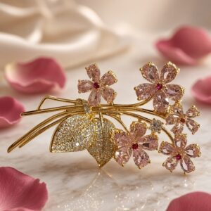 Seraphina Cherry Blossom Rose Statement Brooch-Gold Finish