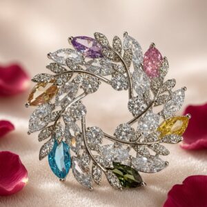 The Flora Wreath Multicolor Marquise Gemstone Brooch-Platinum Finish