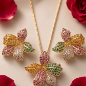 Royal Multicolor Botanical Flower Pendant-Gold Finish