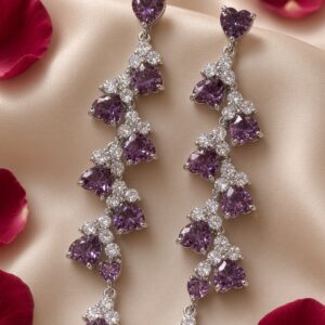The Crimson Royal Purple Heart-Cut Gemstone Linear Drop Earrings-Platinum Finish