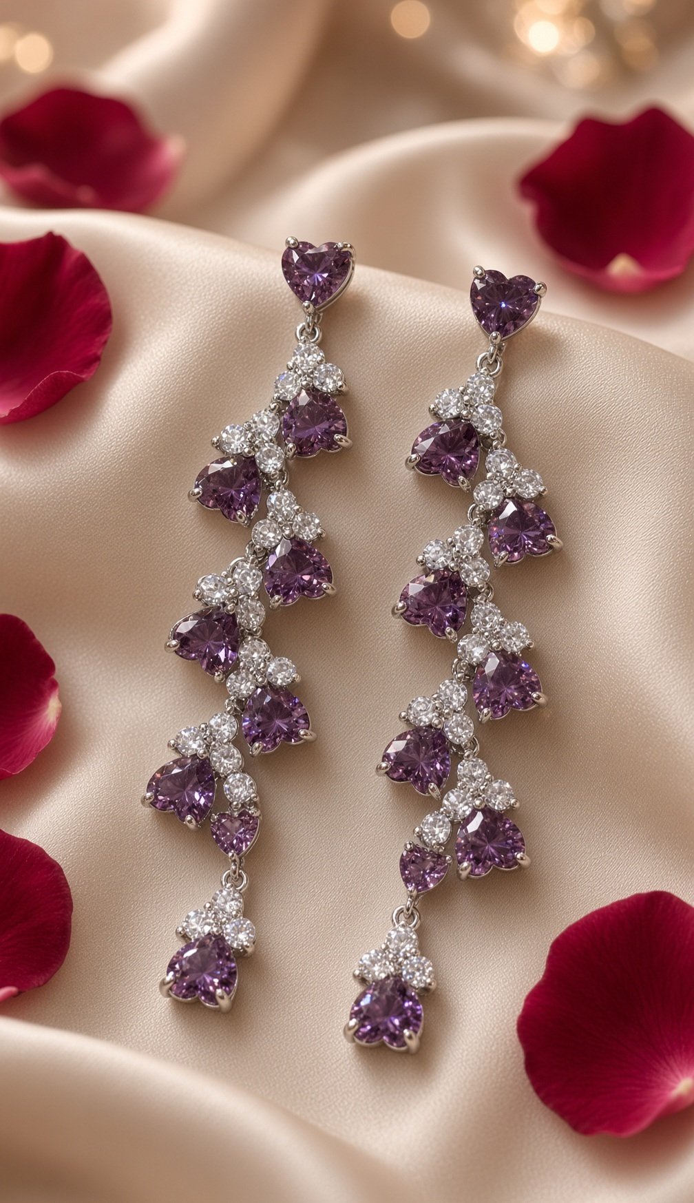 The Crimson Royal Purple Heart-Cut Gemstone Linear Drop Earrings-Platinum Finish