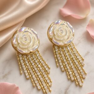 Vintage Pearl Rosette Waterfall Tassel Earrings-Gold Finish