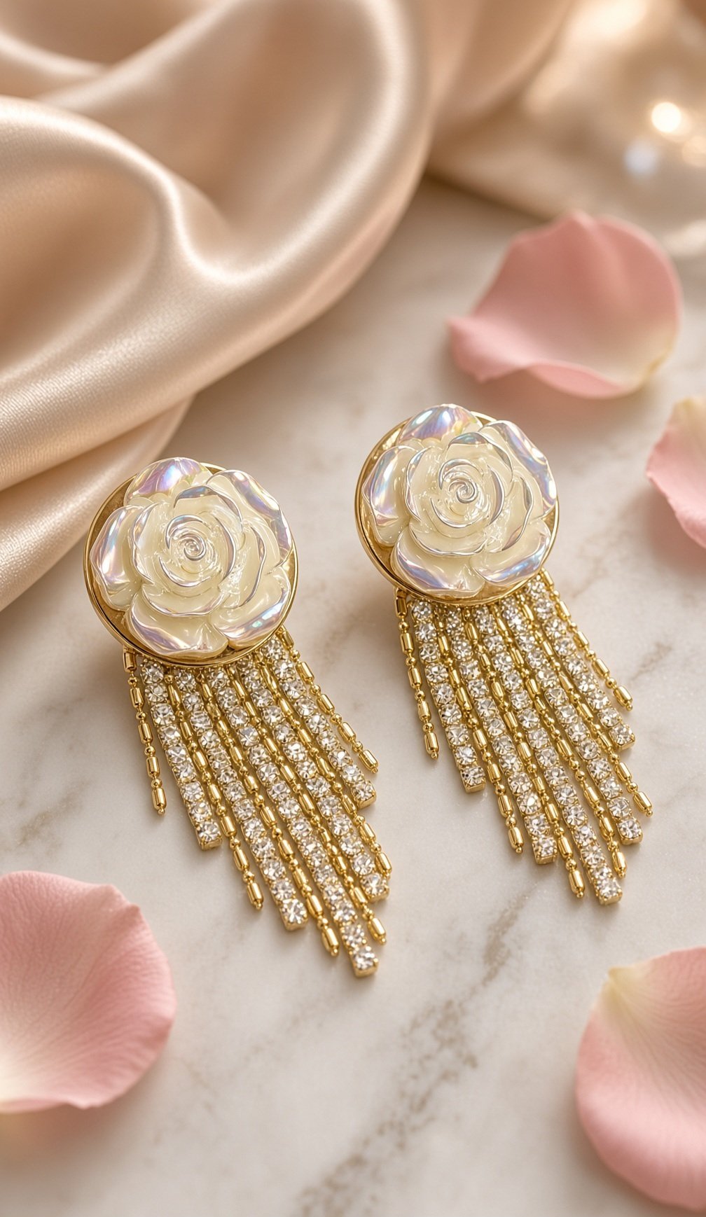 Vintage Pearl Rosette Waterfall Tassel Earrings-Gold Finish
