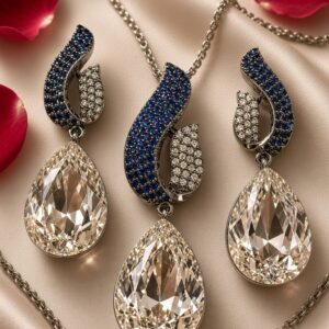 Imperial Wave Cobalt Micro-Pavè And Luminous Teardrop Pendant Set-Black Rhodium Finish