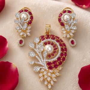 The Regal Pearl And Ruby Crescent Vine Pendant Set-Gold Finish