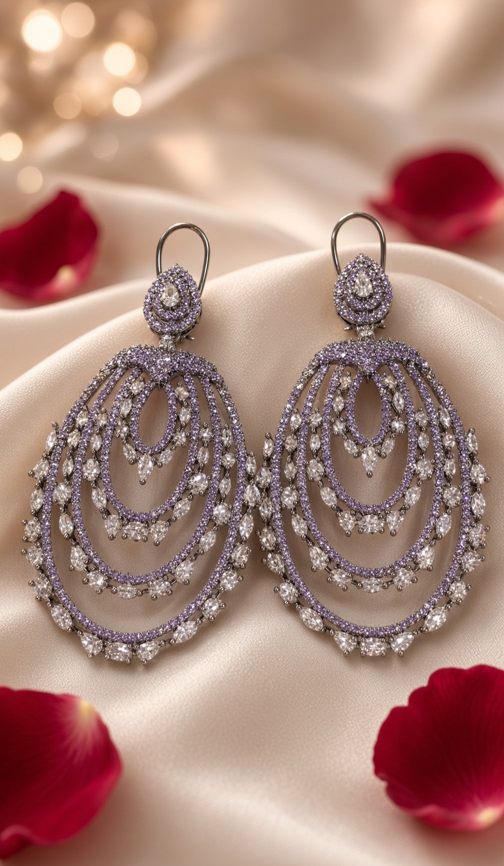 Royal Lavender Pave Multi-Tiered Oval Earrings-Black Rhodium Finish
