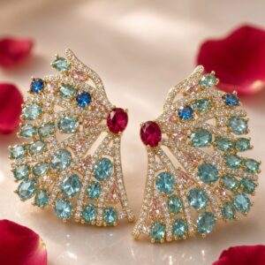 The Imperial Fan Aqua Tourmaline And Ruby Earrings-Gold Finish