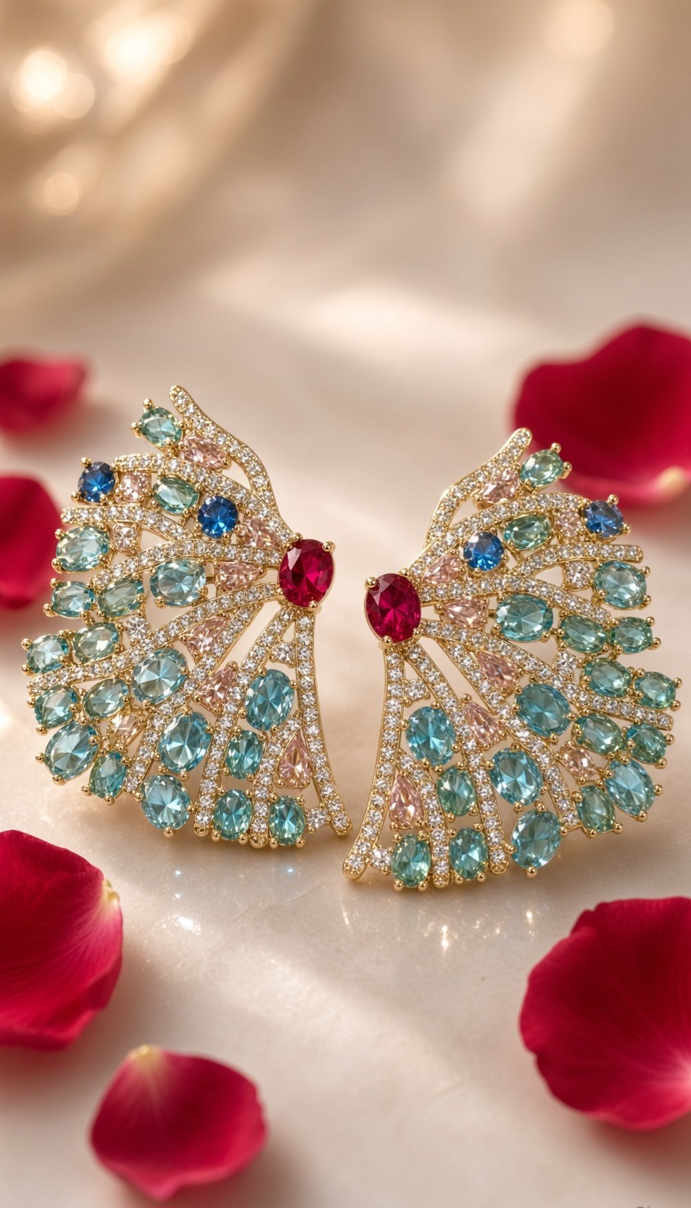 The Imperial Fan Aqua Tourmaline And Ruby Earrings-Gold Finish