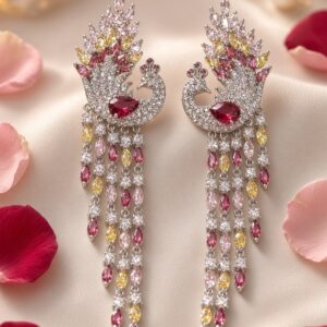 The Royal Mayura Multi-Gemstone Peacock Chandelier Earrings-Platinum Finish