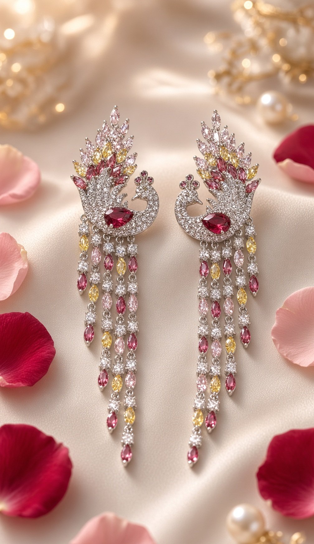 The Royal Mayura Multi-Gemstone Peacock Chandelier Earrings-Platinum Finish