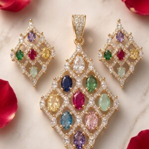 The Celestial Navratana Lattice Pendant Set-Gold Finish
